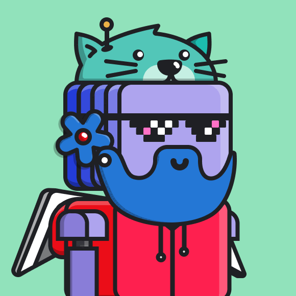 Waldo's blue bearded Roboto with thug life glasses blurple flower ears and a cat top.