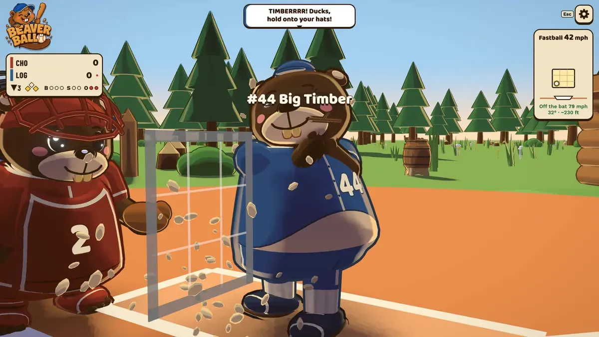 Big Timber, a large beaver in a blue number 44 jersey, gnaws her bat into wood chips at the plate as a speech bubble shouts “TIMBERRRR!”