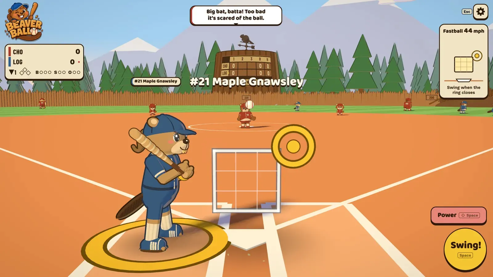 Maple Gnawsley, a beaver in a blue cap and uniform, waits for the pitch at home plate at Lodgepole Park, a log scoreboard and pine trees behind the outfield.