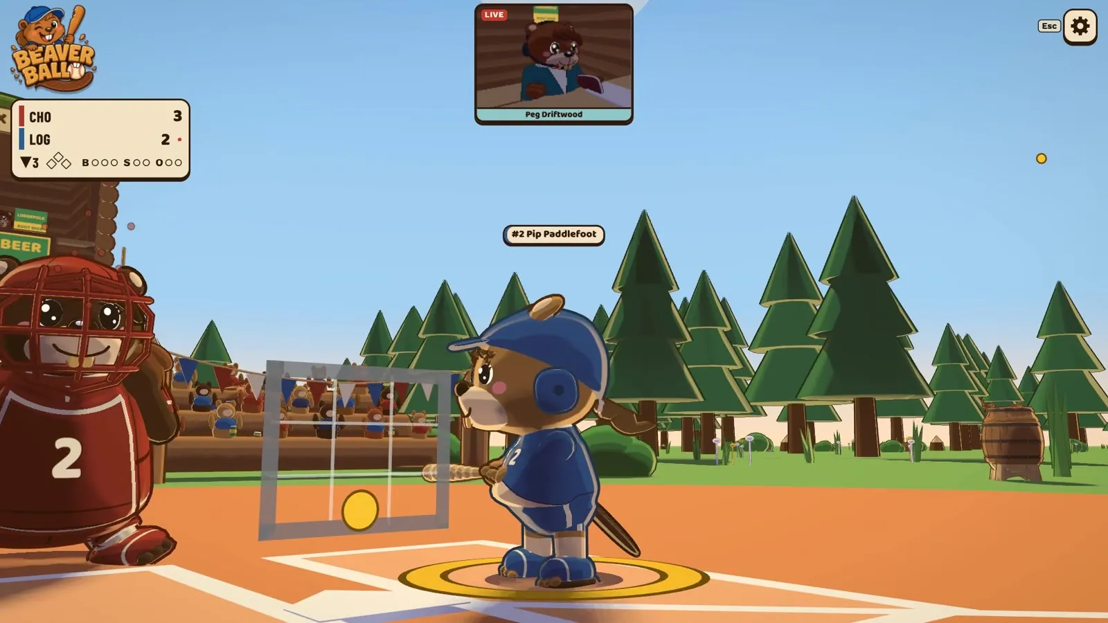 The batter’s view from behind the catcher: a red-uniformed beaver catcher in the foreground and a blue-uniformed beaver batter at the plate with the strike zone between them.