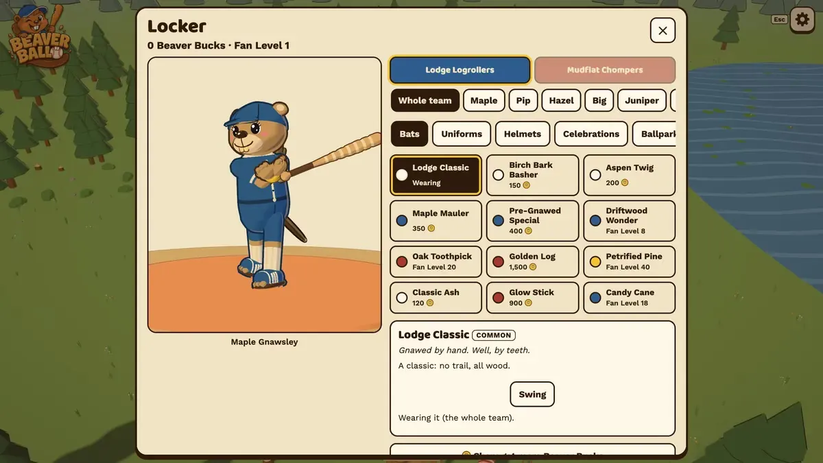 The Locker screen, where a beaver batter models a bat while a shelf of carved bats with names like Birch Bark Basher and Golden Log waits to be picked.