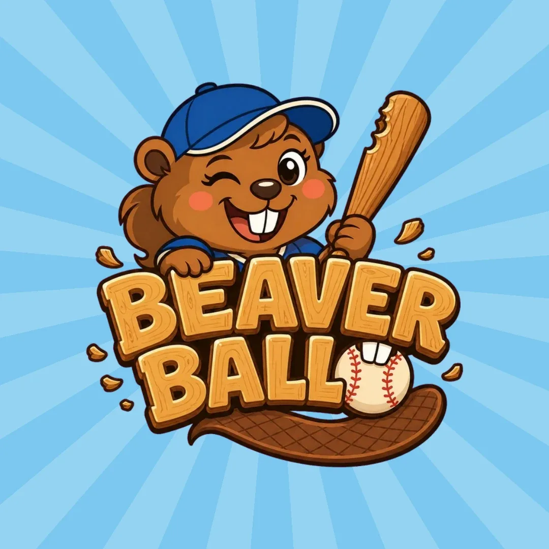 The Beaver Ball logo: a winking cartoon beaver in a blue cap holding a gnawed wooden bat over the words Beaver Ball, on a sky-blue sunburst.