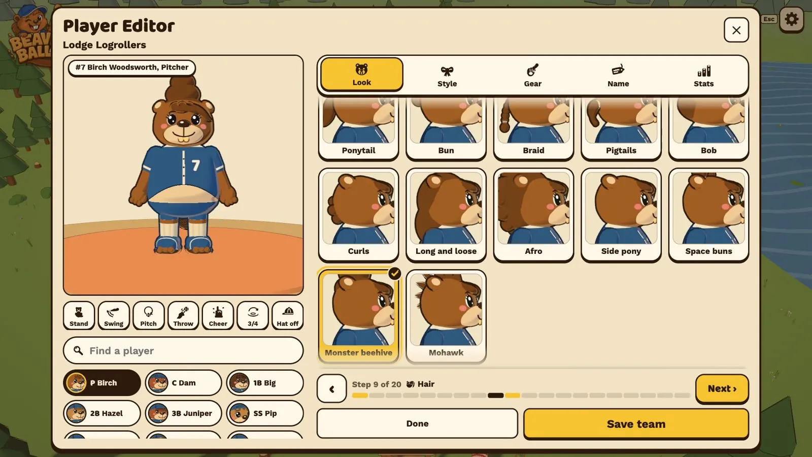 The Beaver Ball player editor showing a beaver pitcher beside a grid of hairstyle choices.