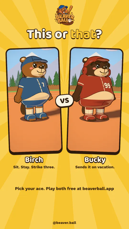 A “This or that?” story: Birch in blue number 7 (“Sit. Stay. Strike three.”) versus Bucky in red number 99 (“Sends it on vacation.”).