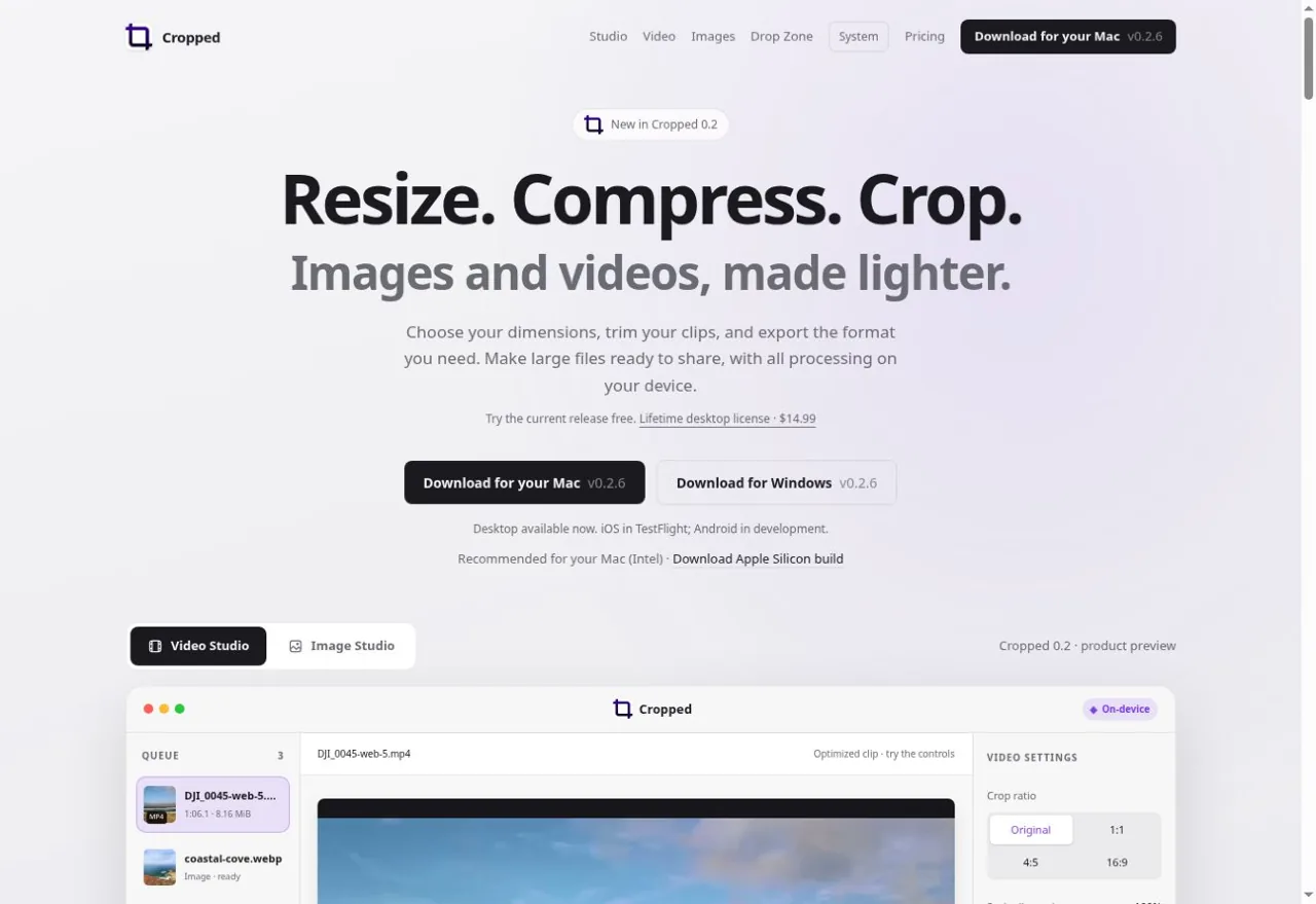 Cropped app website showing its image and video optimization tools