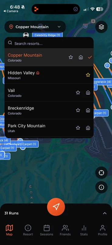 Shredd mobile app showing the Copper Mountain trail map