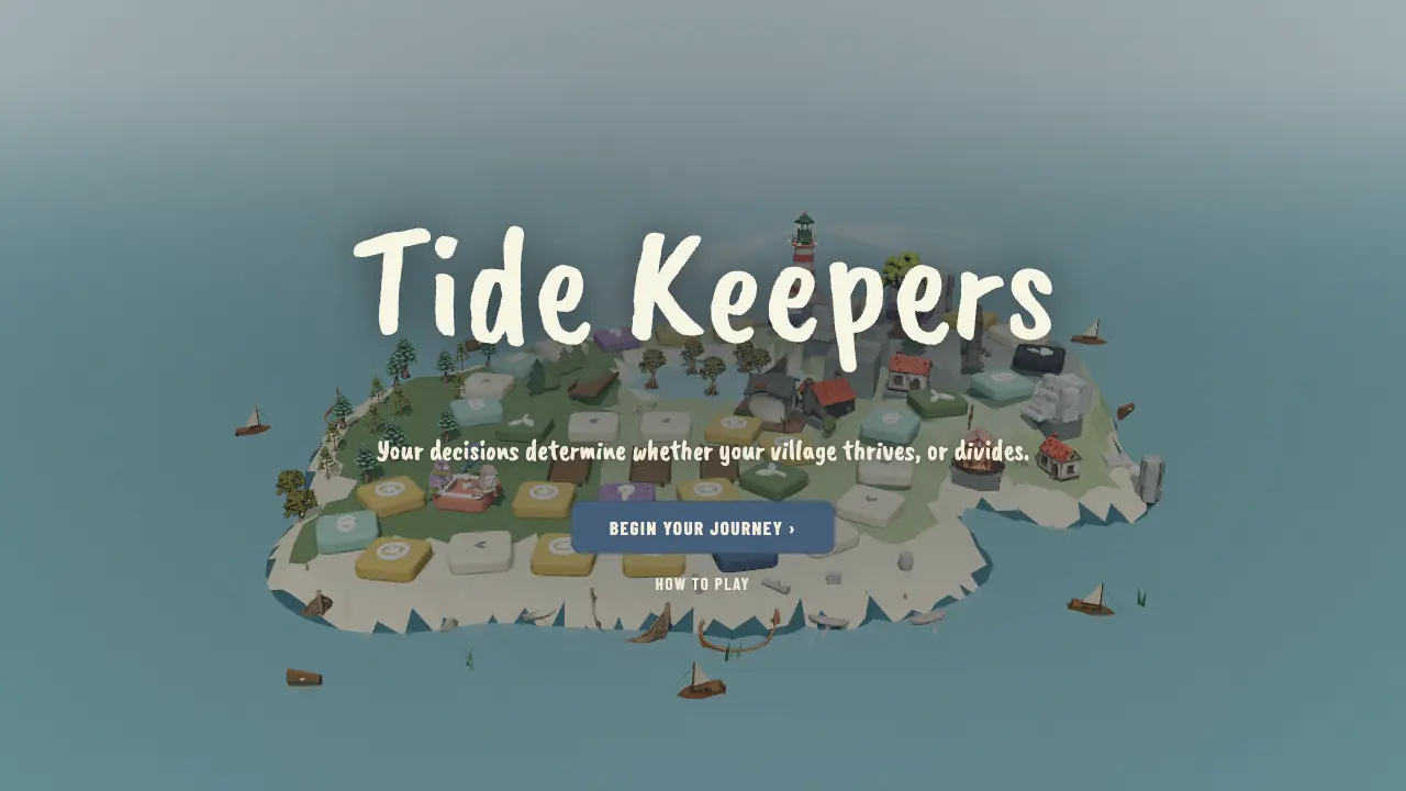 The board game’s title screen: the Tide Keepers logo over a low-poly island diorama with raised tiles, with a Begin Your Journey button.