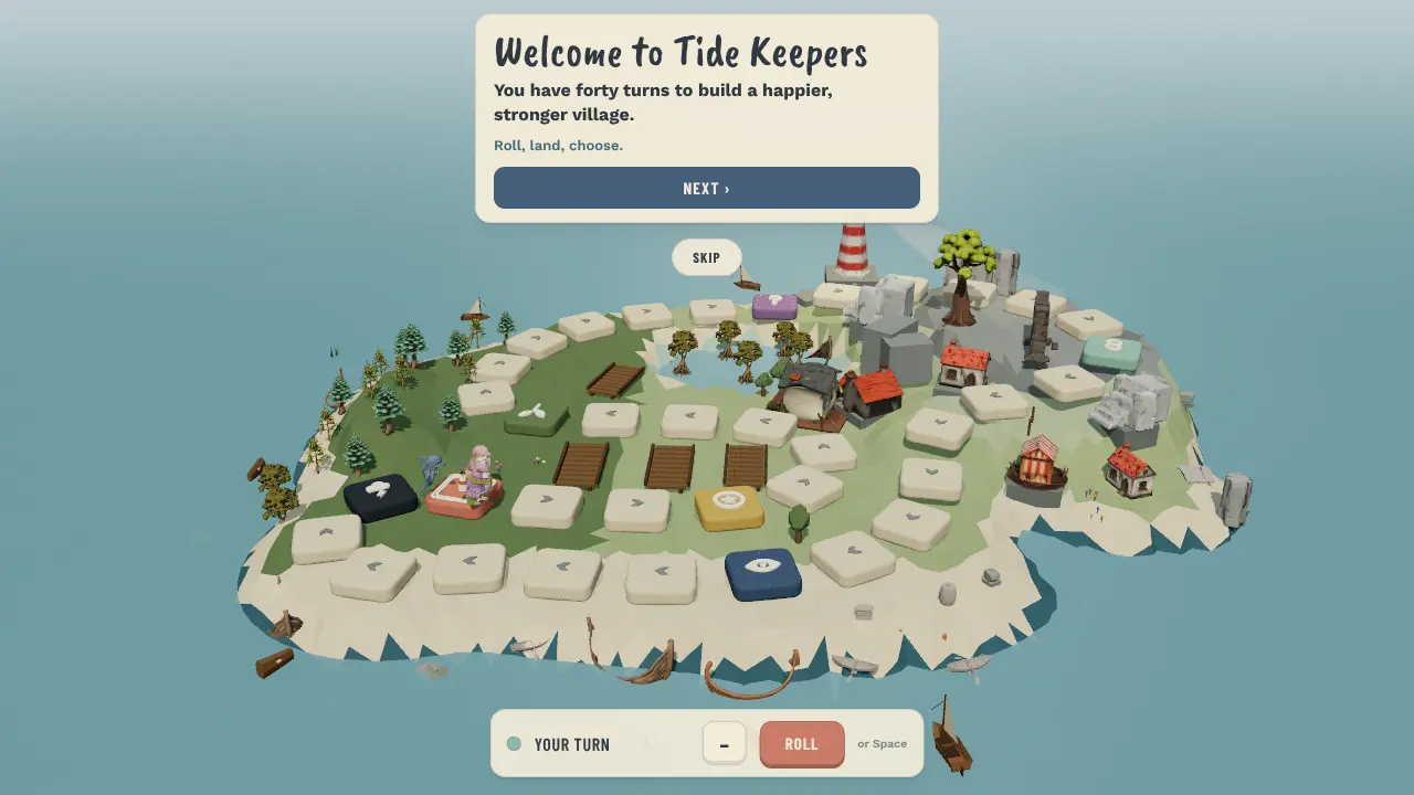 The whole board island from above: a ring of raised cream and coloured tiles around a village, garden plots and a lighthouse, with a Welcome to Tide Keepers card.