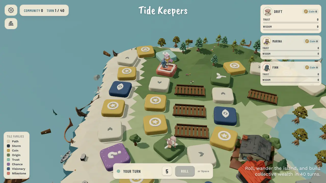 Mid-game board view with colour-coded tiles, a tile-family legend, each keeper’s Trust and Wisdom panel and a Roll button.