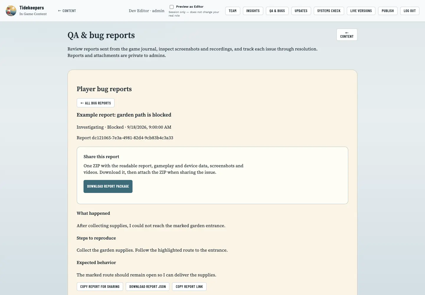 Admin bug report view with a download for the complete report package.