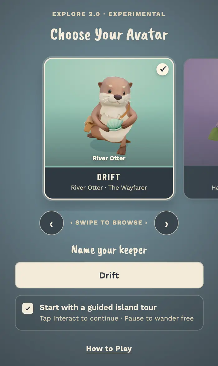 The keeper picker on a phone, showing Drift the otter.