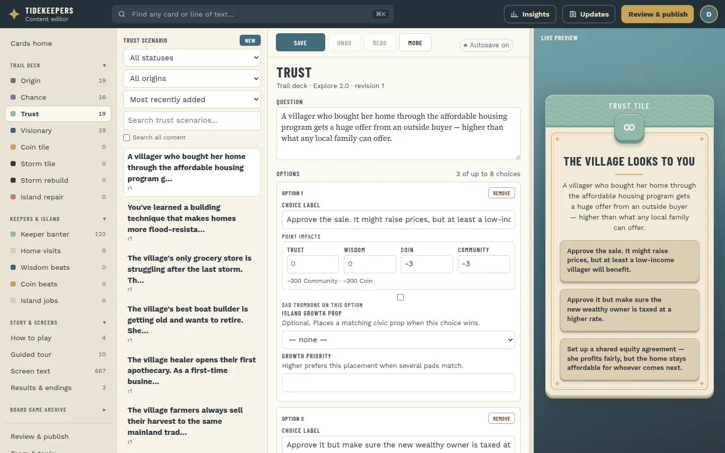 A Trust card open in the editor with the live tile preview on the right.