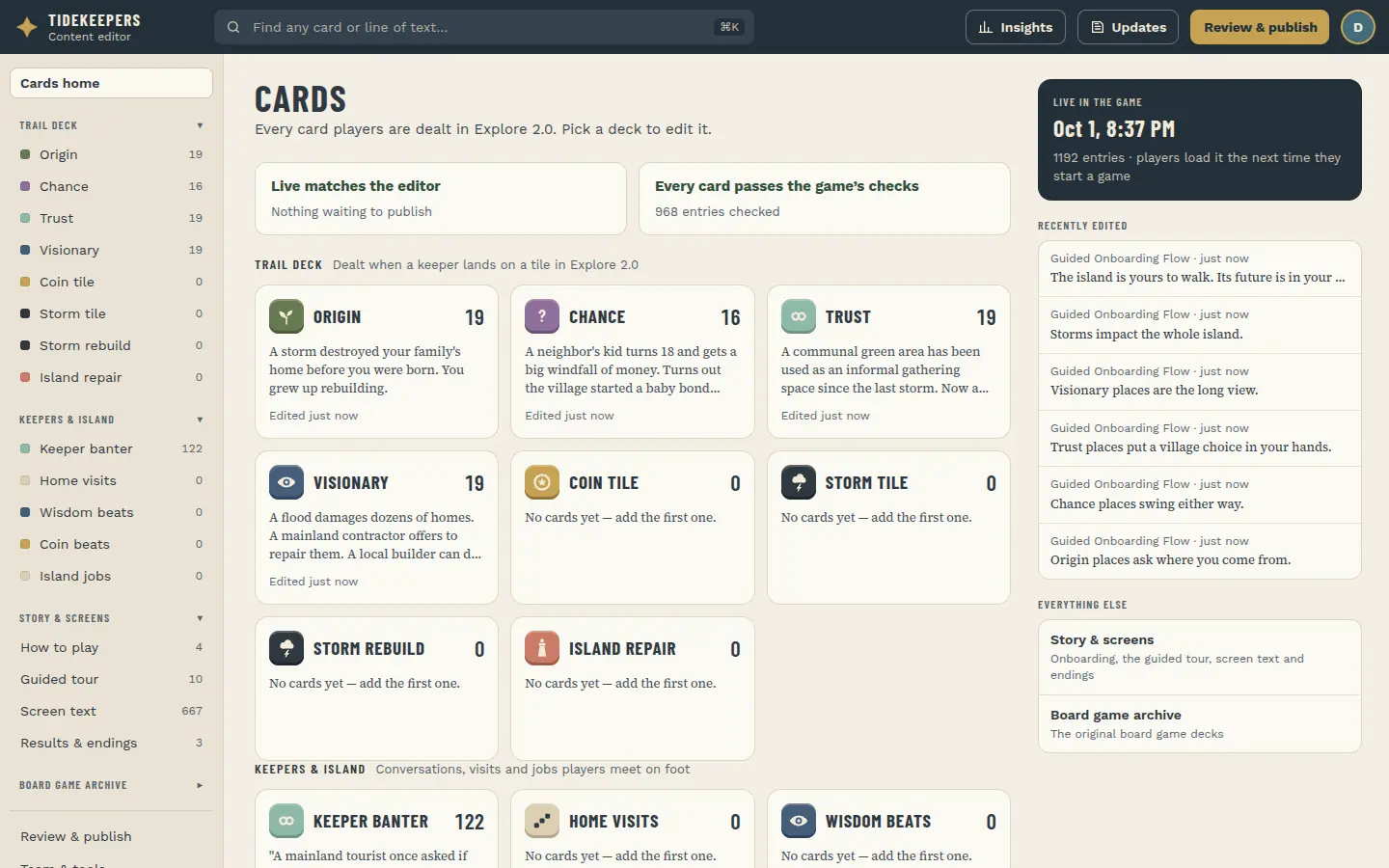 Content editor home: decks for Origin, Chance, Trust and Visionary with card counts, a sidebar of content areas and a top bar with Insights, Updates and Review & publish.
