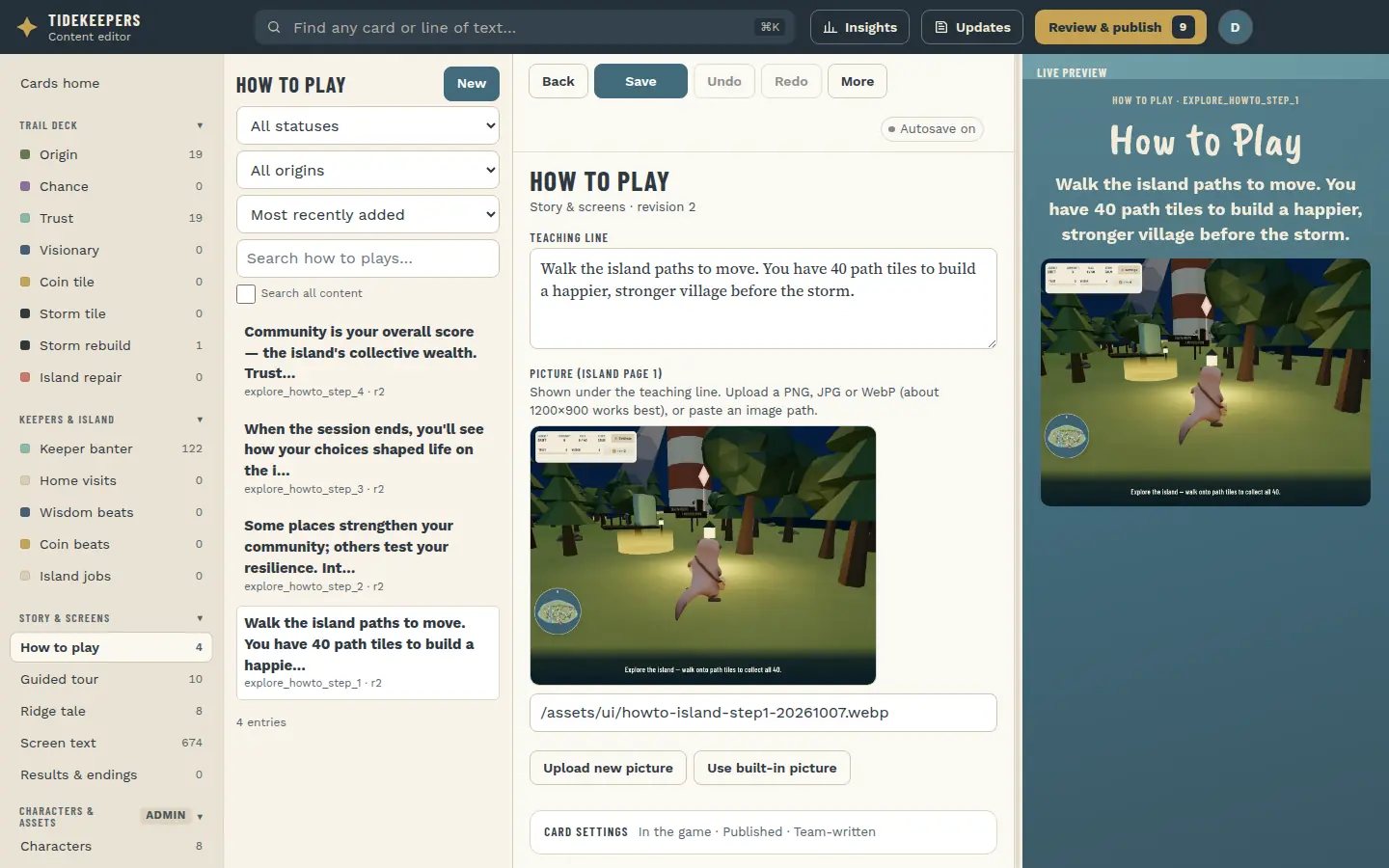 Editing How to Play step one with its image and live preview.
