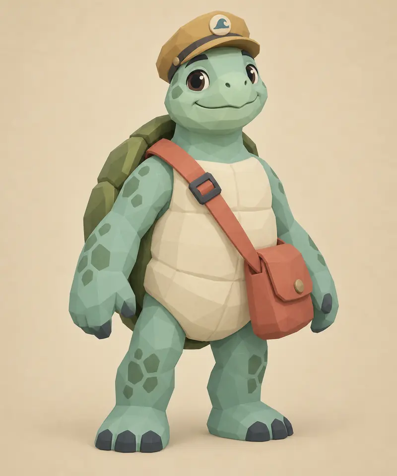 Concept illustration of Shelly, a turtle in a cap with a coral satchel.