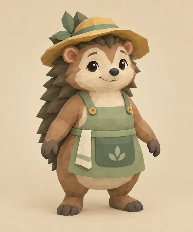 Concept illustration of Mabel, a hedgehog in a sunhat and sage apron.
