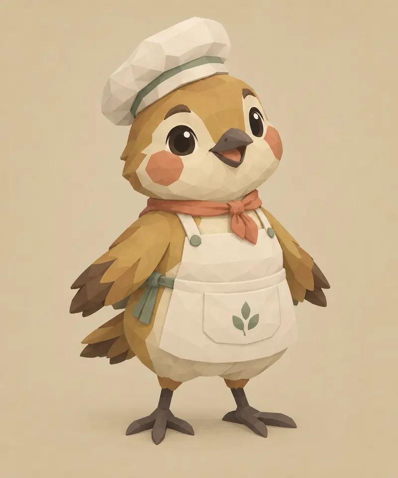 Concept illustration of Pip, a round sparrow in a chef’s hat and apron.