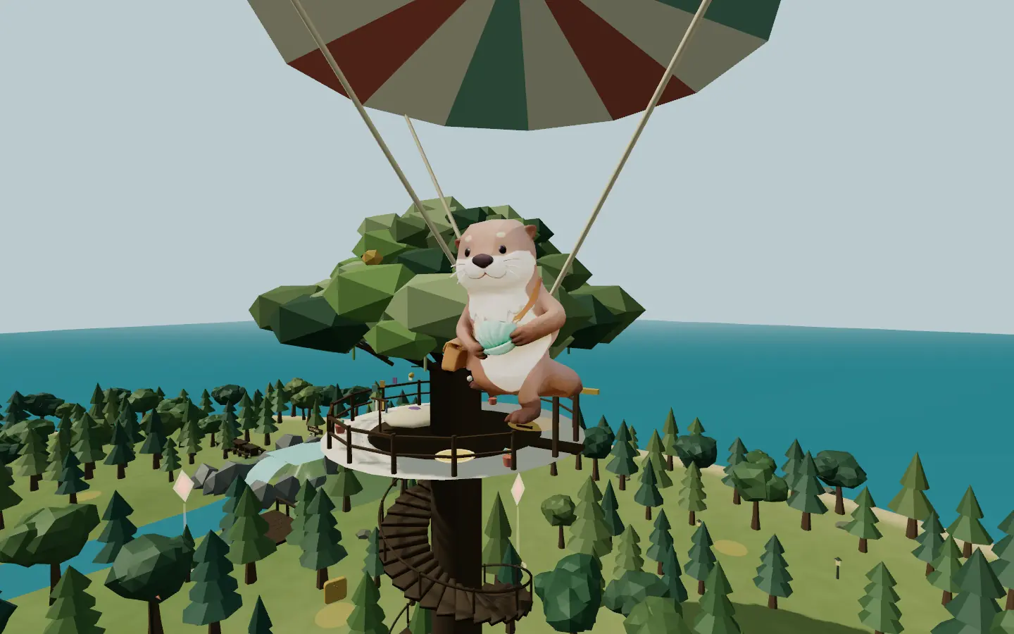 Drift drifting down under a striped parachute above the treehouse.