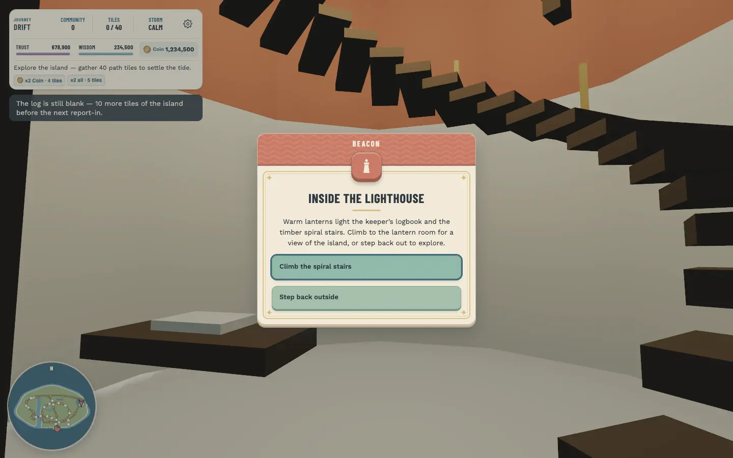 Inside the lighthouse: a spiral stair and an info card.