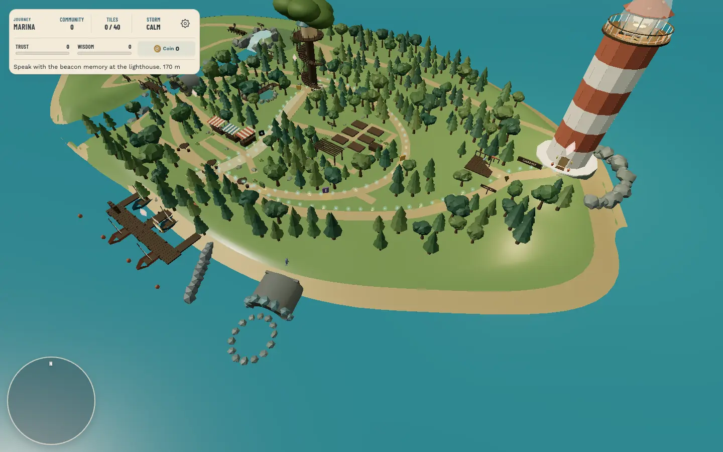 High view over the island: the striped lighthouse on the headland, the market, harbour, river and forest.