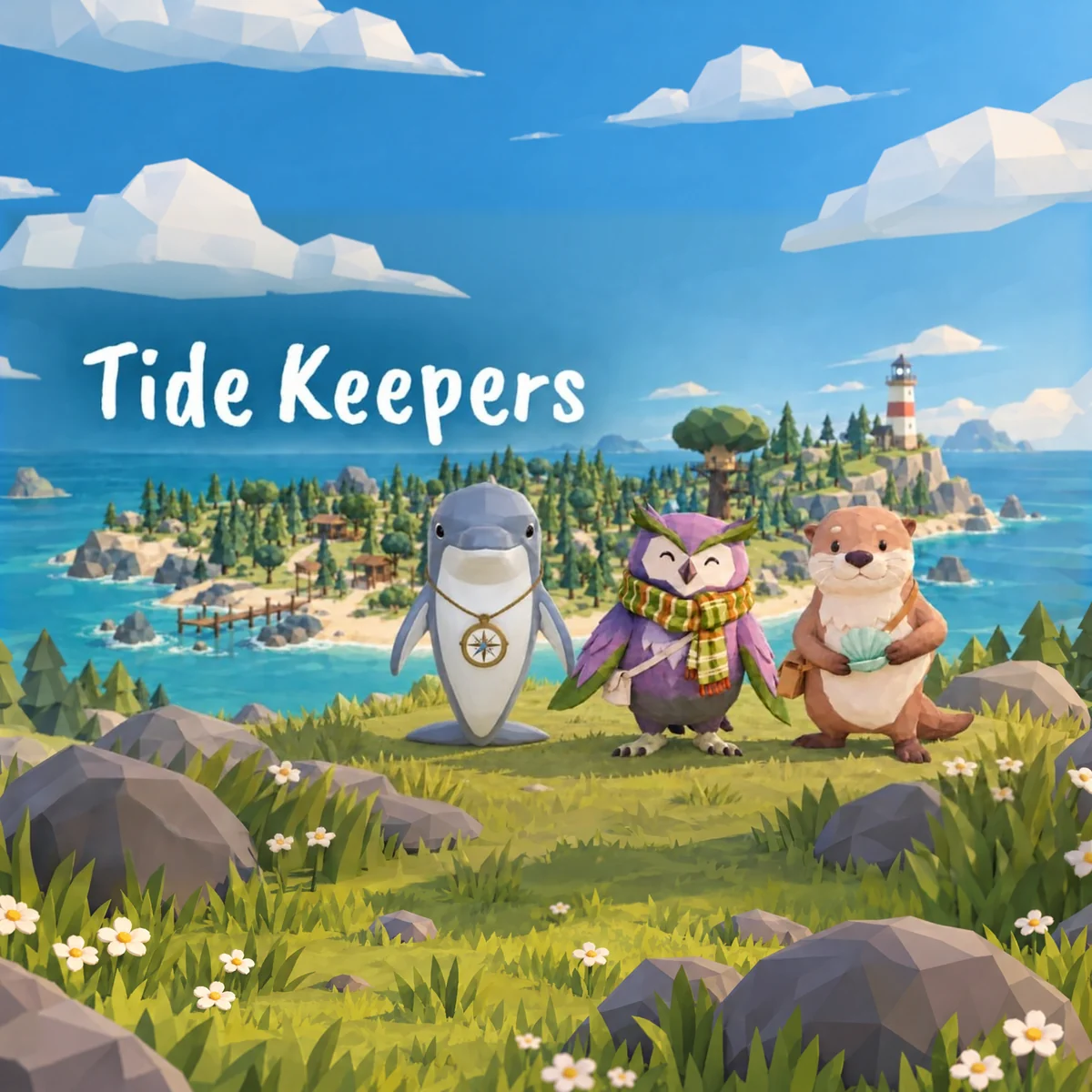 Finn the dolphin, Marina the owl and Drift the otter on the island grass beneath the Tide Keepers logo, with the striped lighthouse on the cliff behind them.