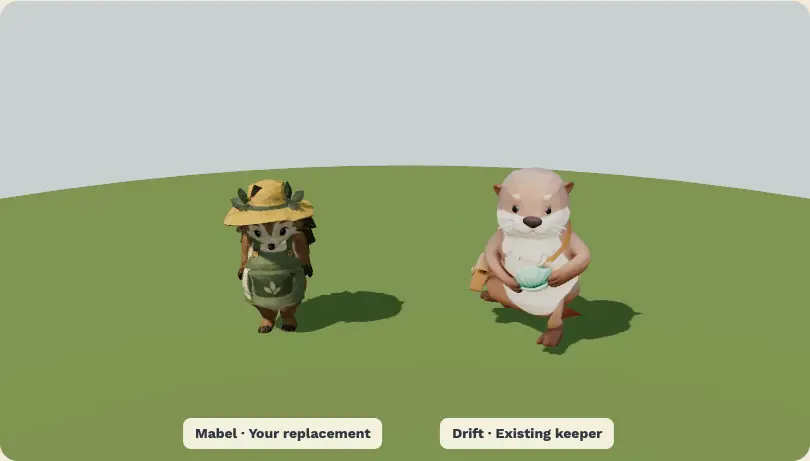Mabel’s 3D model standing next to Drift under game lighting for scale and style comparison.