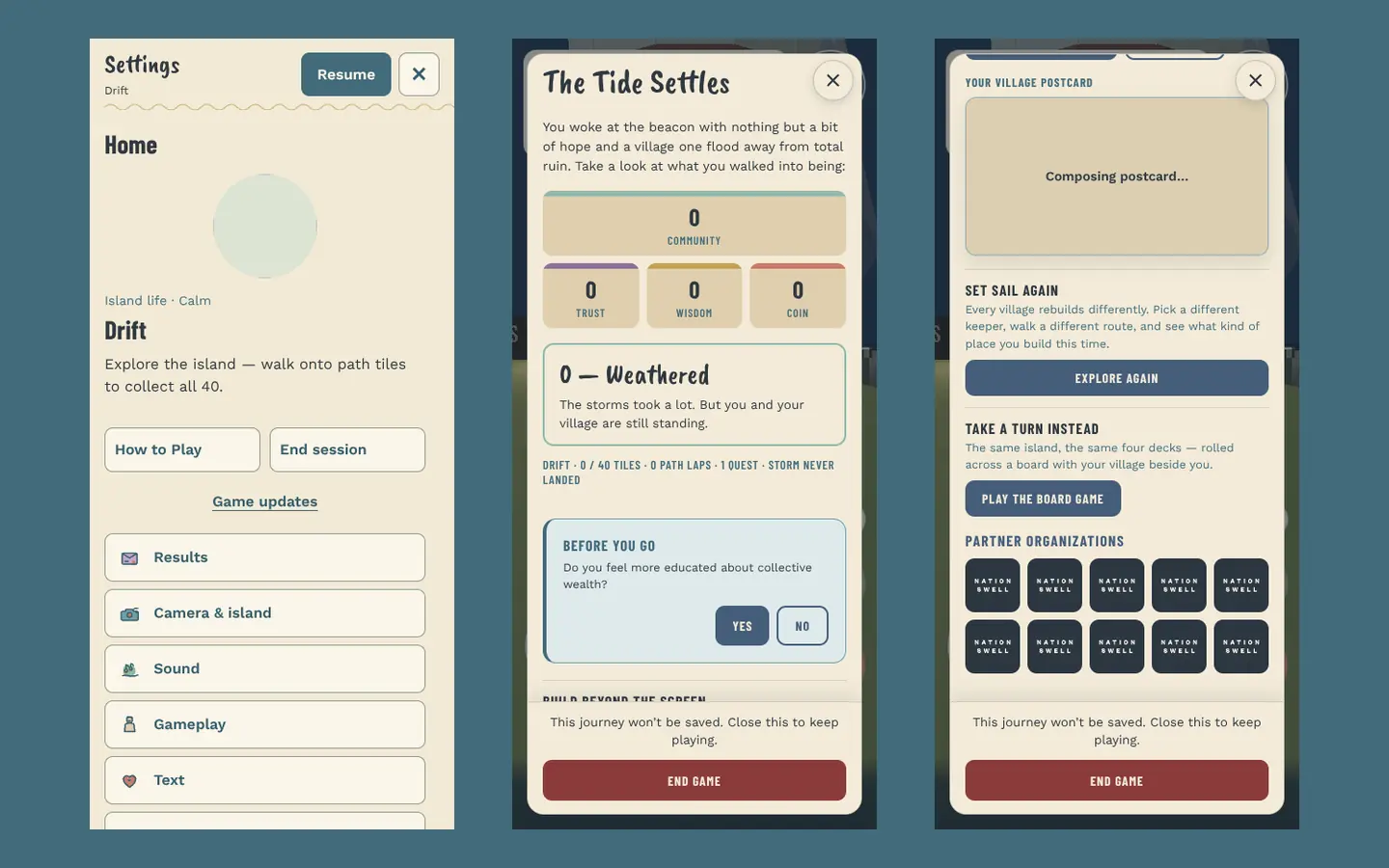 Three phone screens: Settings, The Tide Settles results with the Before You Go survey, and partner logos above an End game button.