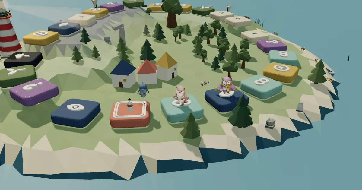 Board game island from above with Finn the dolphin standing on a raised tile.