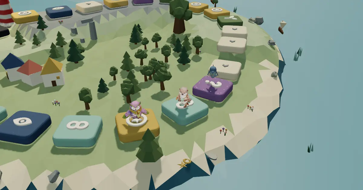 Board game island with Marina the owl on a tile among cottages and trees.