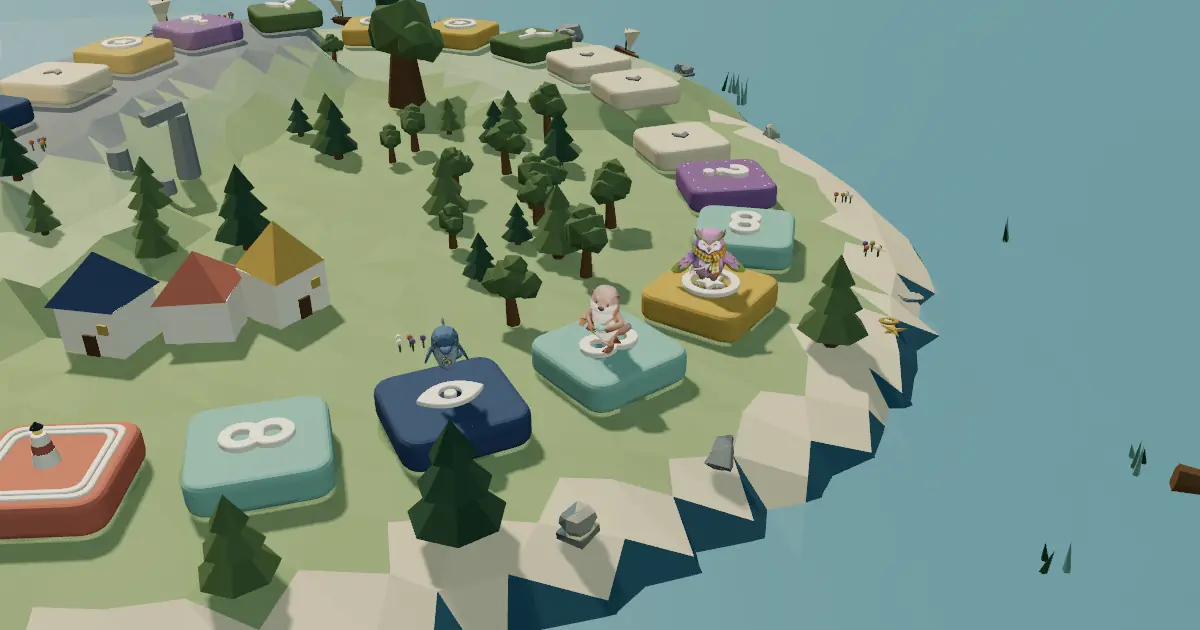 Board game island with Drift the otter on a tile beside the coast.