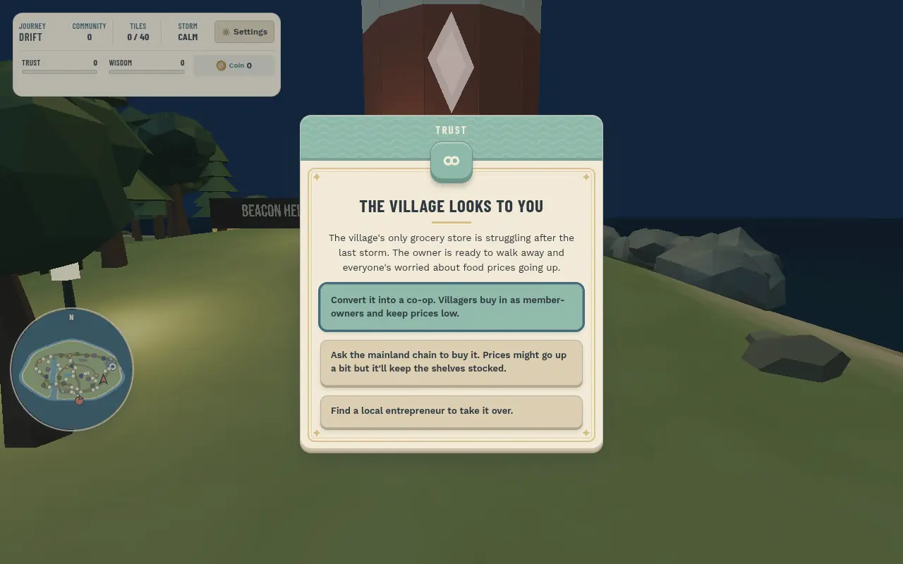 A Trust card titled The Village Looks to You with three choices and no point values.