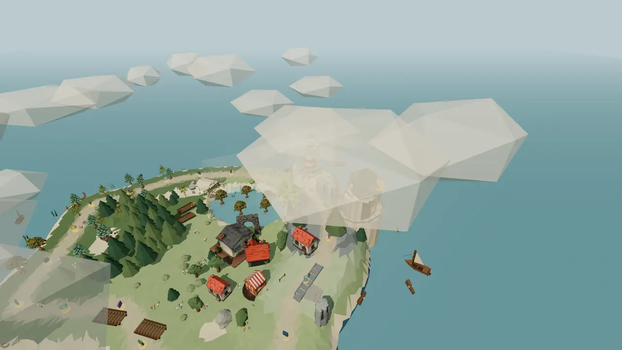 The first Explore prototype: the Ridge island seen through low-poly clouds as the intro camera descends toward the village.