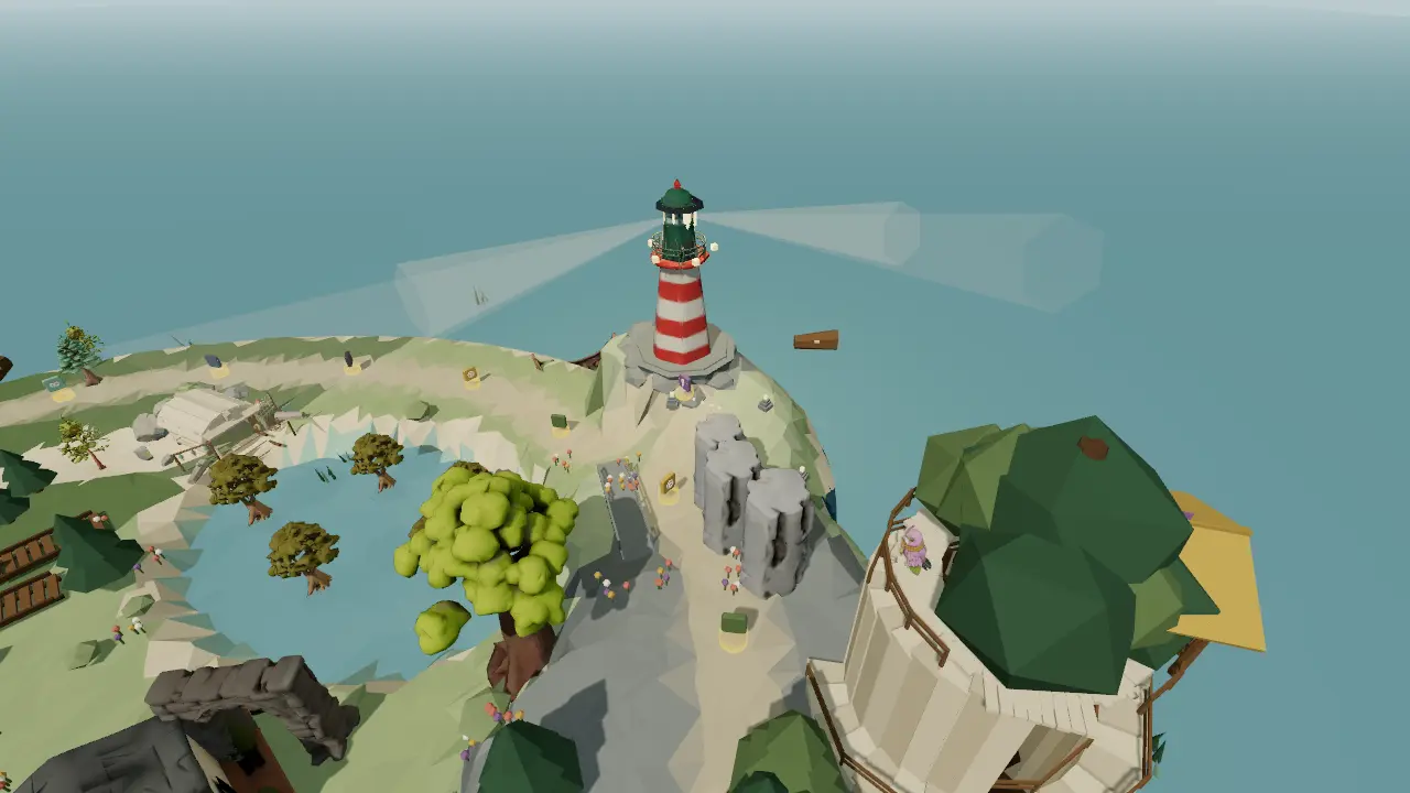 The Ridge prototype’s lighthouse on a rocky headland, with cottages and trees below.