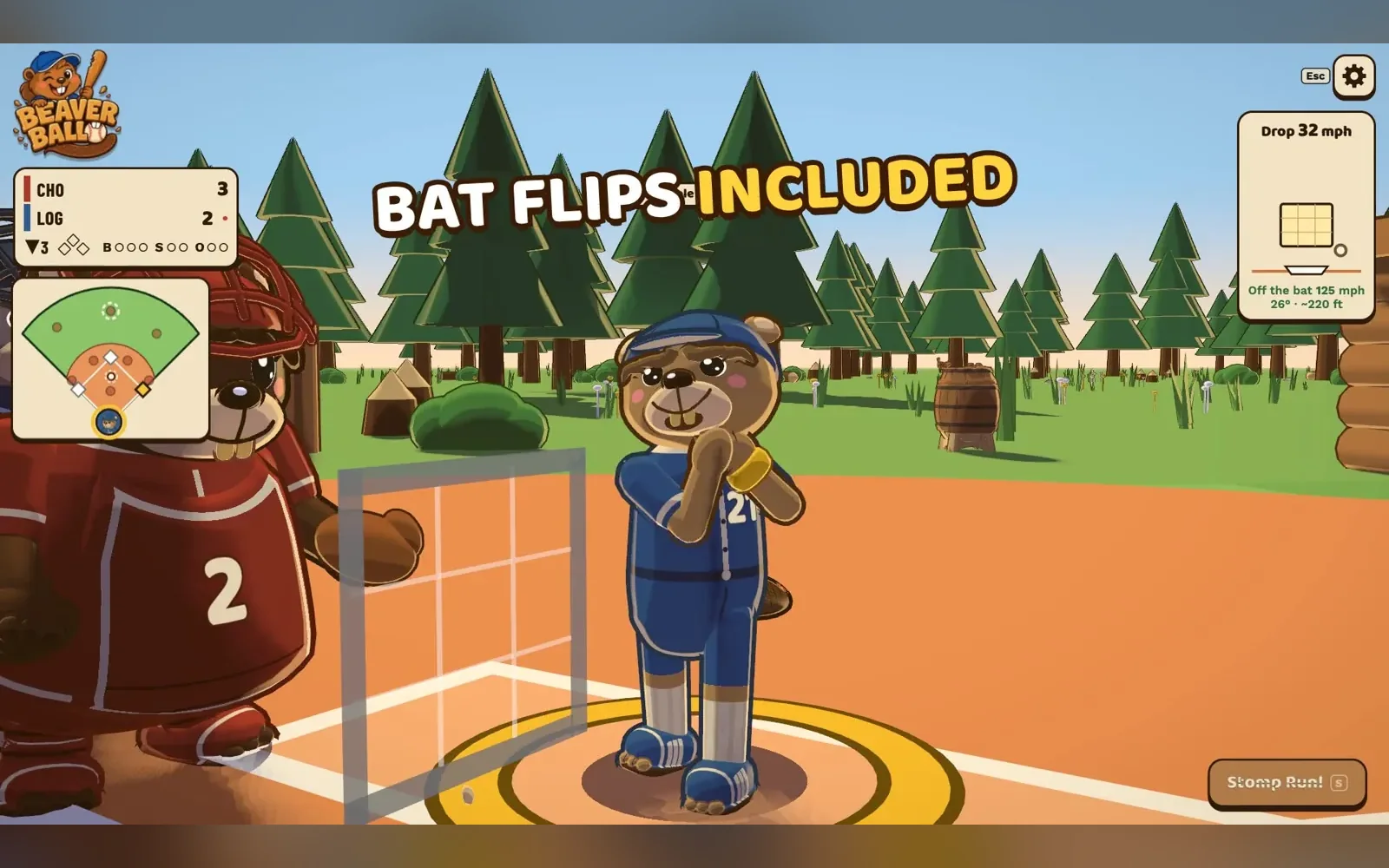 A beaver batter in a blue uniform at the plate, with a beaver catcher in red, under the words “Bat flips included.”