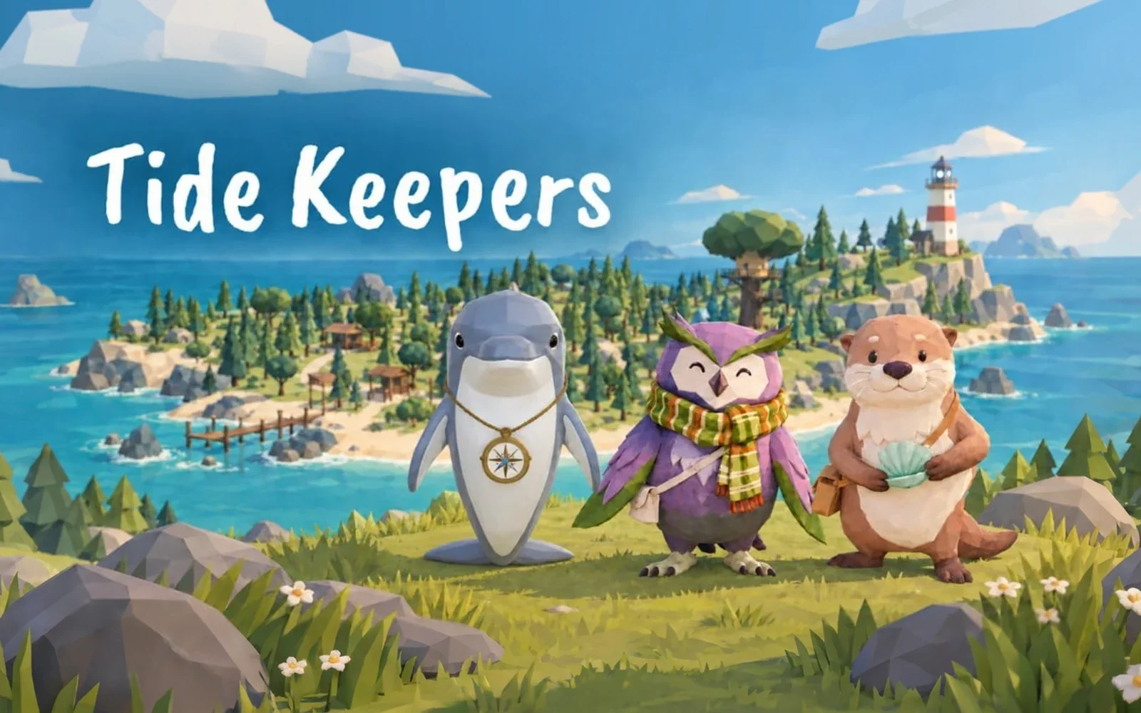 Finn the dolphin, Marina the owl and Drift the otter on the island grass beneath the Tide Keepers logo, with the striped lighthouse on the cliff behind them.
